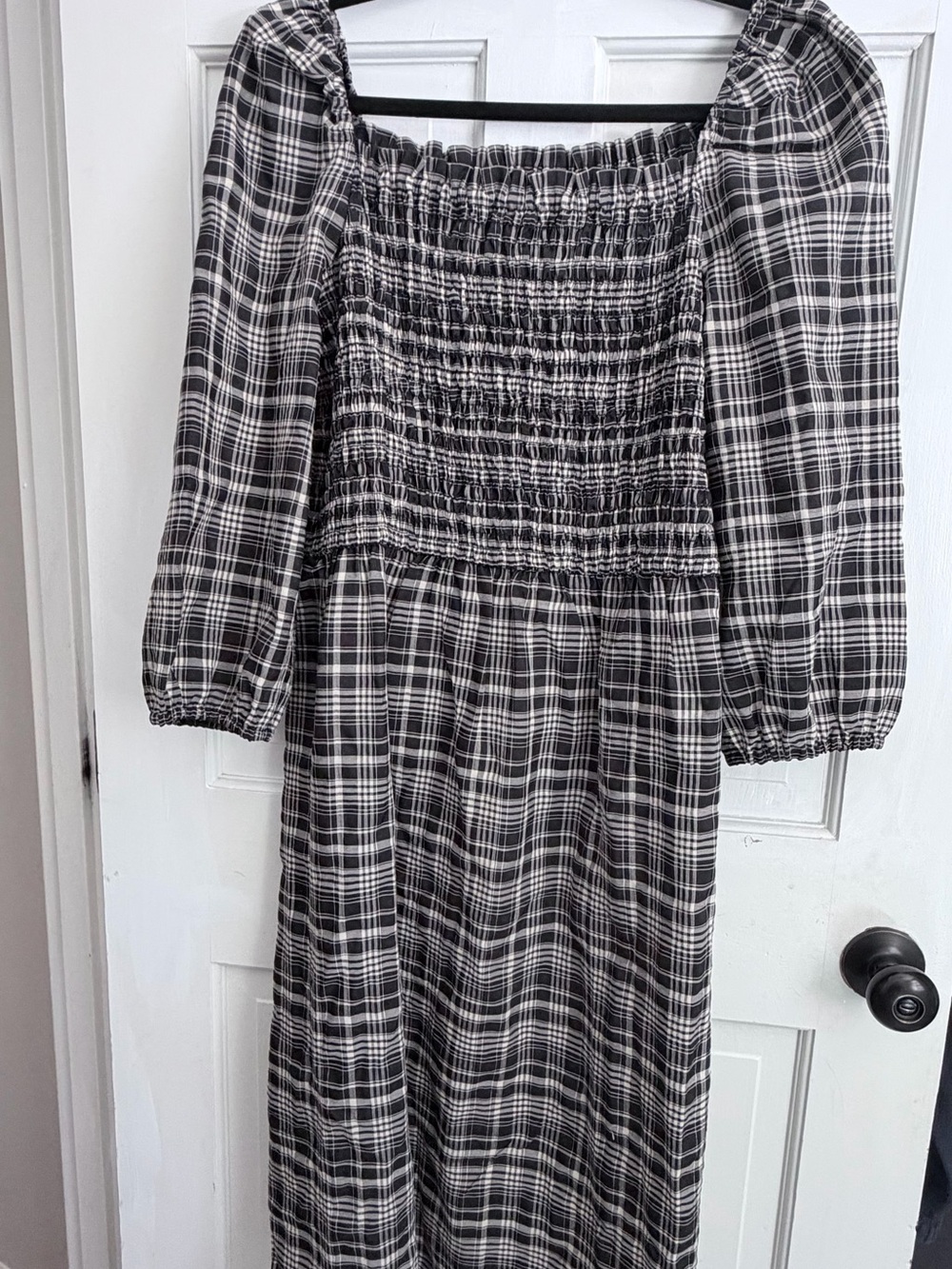 LOFT Black and White Plaid Smocked Midi Dress
